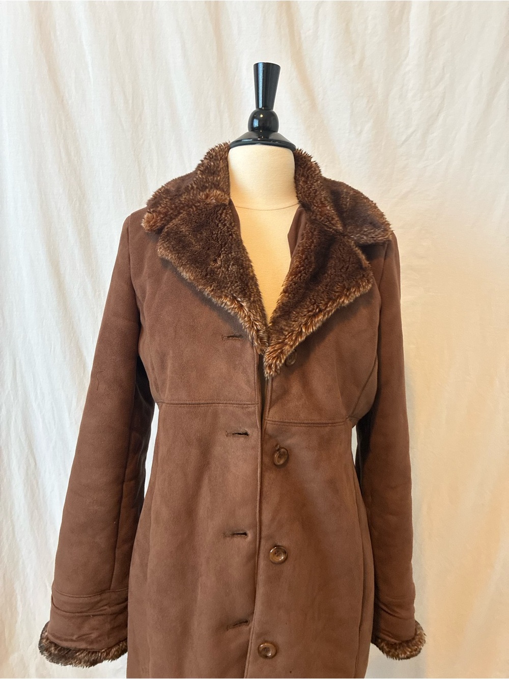 Jones New York Brown Faux Shearling Trench Coat with Fur Trim